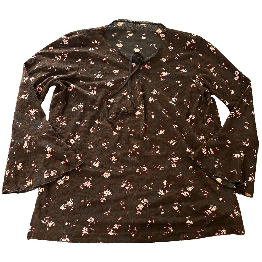 Whimsigoth Boho Fairy Sheer Top Womens L No Sz Tag Chocolate Brown Flare Sleeve